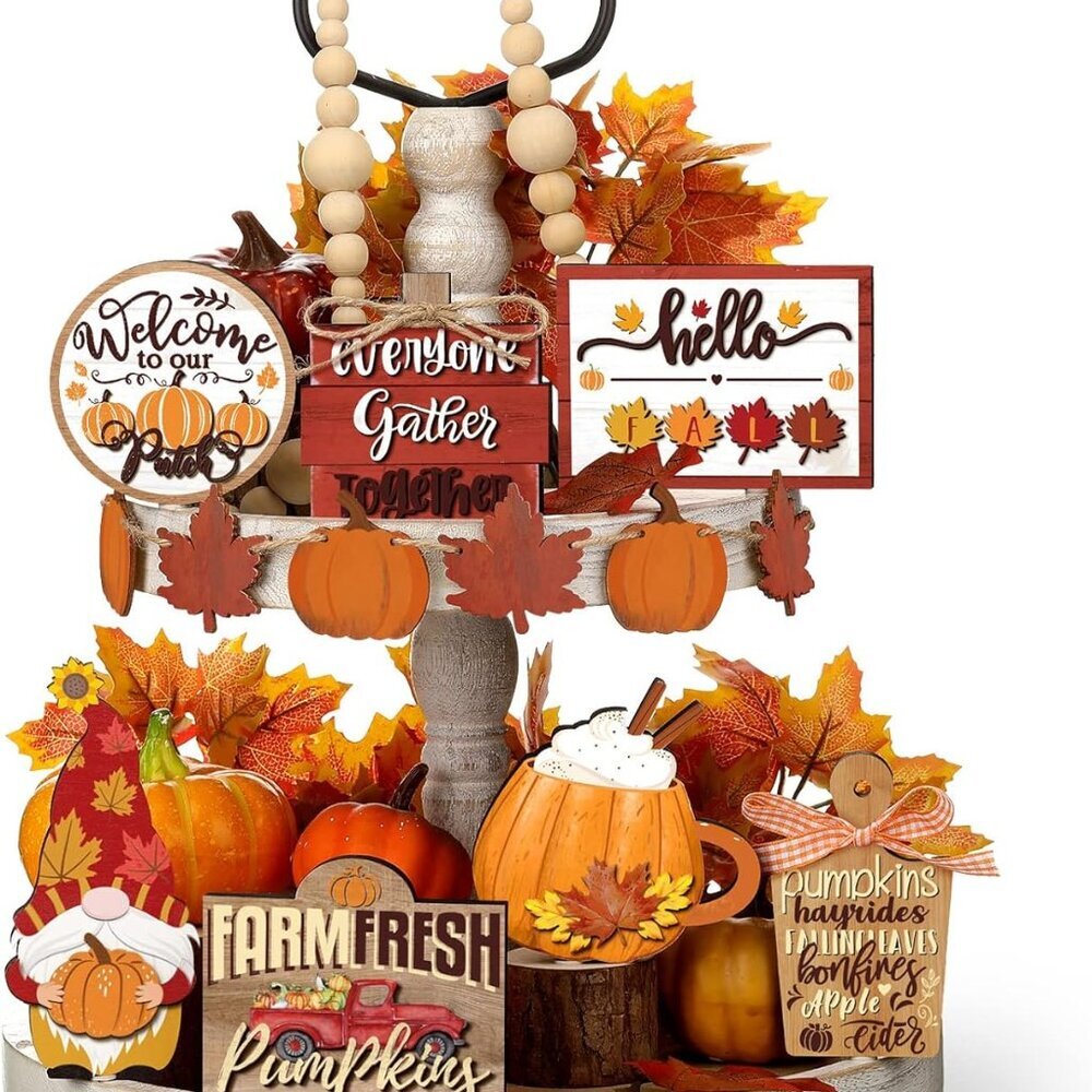 Set of 15 Fall Tiered Tray Decor Pumpkins Farmhouse Decor Autumn Maple Leaf Tabl